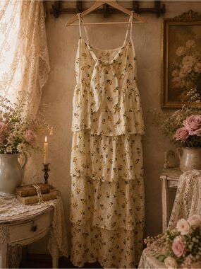 Winston White Floral Tiered Maxi Dress S Cottagecore Tie Front Sundress